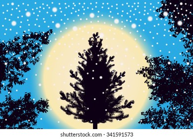 Abstract falling snow particles, new year Christmas tree and contour of tree leaves on purple sunset background. Style background for presentation, decoration and cards design. Vector illustration