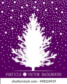 Abstract falling snow particles and new year Christmas tree on violet background. Style background for presentation, cards, scientific and jewelry design. Vector illustration