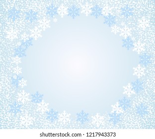 Abstract falling snowflakes, light blue background. Vector illustration with space for text.