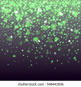 Abstract falling sparkling green hearts on transparent background. Realistic particle glitter effect. Bright design element for decoration holidays valentine's day.