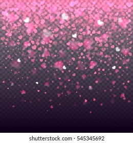 Abstract falling sparkling red hearts on transparent background. Realistic particle glitter effect. Bright design element for decoration holidays valentine's day.