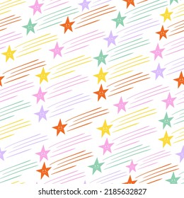 Abstract falling star vector seamless pattern. Colorful background for kids. 90s vibes texture for textile, wallpaper, wrapping paper