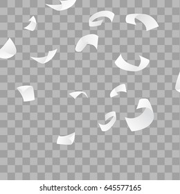 Abstract falling white paper sheets background. Flying scattered graphic note pile soaring in chaotic way. Vector illustration