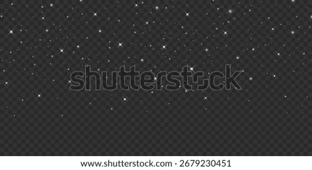 Abstract falling white particles with glowing stars on a transparent background. Stardust effect for your design. Flying bright lights for holiday or fantasy concept. Vector illustration.