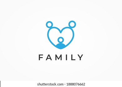 Abstract Family Care Logo. Blue Monoline Heart Icon with People Symbol Combination isolated on White Background. Flat Line Vector Logo Design Template Element.
