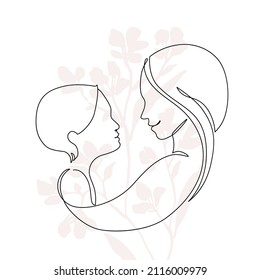 Abstract family continuous line art. Young mom hugging her son on floral background. Hand drawn illustration for Happy International Mother's Day card, loving family, parenthood childhood concept