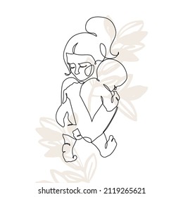 Abstract family continuous line art  Young mom hugging her baby floral background  Hand drawn illustration for Happy International Mother's Day card  loving family  parenthood childhood concept