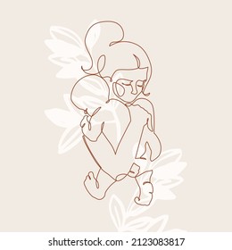 Abstract family continuous line art. Young mom hugging her baby on floral background. Hand drawn illustration for Happy International Mother's Day card, loving family, parenthood childhood concept - Shutterstock ID 2123083817