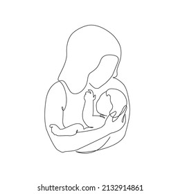 Abstract family continuous line art. Young mom hugging her little baby continuous line. Hand drawn illustration for Happy International Mother's Day card, loving family, parenthood childhood concept