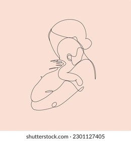 Abstract family continuous line art. Young mom hugging her baby child. Hand drawn illustration for Happy International Mother's Day card, loving family, parenthood childhood concept