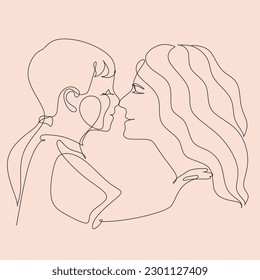 Abstract family continuous line art. Young mom hugging her baby child. Hand drawn illustration for Happy International Mother's Day card, loving family, parenthood childhood concept