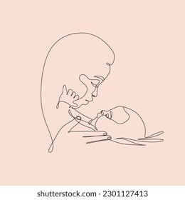 Abstract family continuous line art. Young mom hugging her baby child. Hand drawn illustration for Happy International Mother's Day card, loving family, parenthood childhood concept