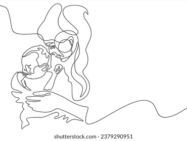 Abstract family continuous line art. Young mom hugging her baby child. Hand drawn illustration for Happy International Mother's Day card, loving family, parenthood childhood concept
