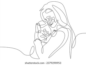 Abstract family continuous line art. Young mom hugging her baby child. Hand drawn illustration for Happy International Mother's Day card, loving family, parenthood childhood concept