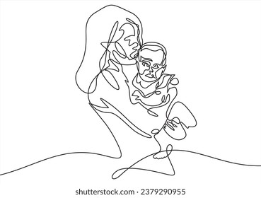 Abstrakte, familiengebundene Kunst. Junge Mutter umarmt ihr Kind. Handgezeichnete Illustration für Happy International Mother's Day Card, Lieblingsfamilie, Kindererziehung