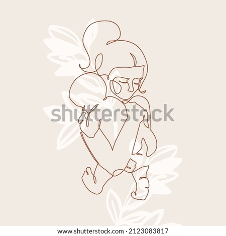 Abstract family continuous line art. Young mom hugging her baby on floral background. Hand drawn illustration for Happy International Mother's Day card, loving family, parenthood childhood concept