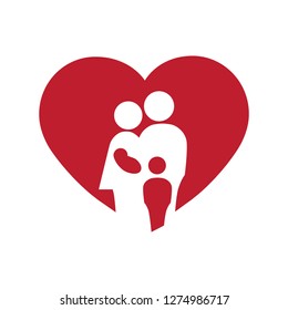 abstract family figures inside red heart, simple vector icon