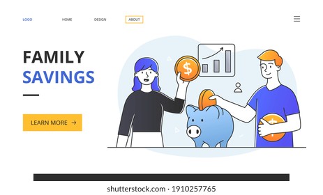 Abstract family money saving concept. A young guy and a girl put coins in a piggy bank against the background of the graph showing the stock market growth. Outline flat cartoon vector illustration