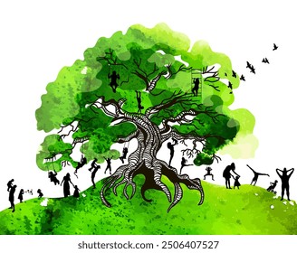 Abstract family in nature. Big green tree. Abstract green park with trees and people silhouettes. Childhood hand drawing. Not AI Vector illustration.