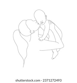 Abstract family silhouette. Happy mom kissing her newborn baby. One line art. Minimalistic vector illustration. Mother and child in linear style.