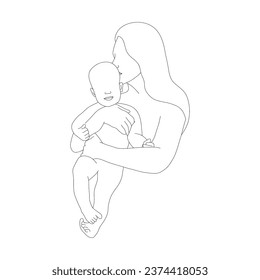 Abstract family silhouette. Happy mom kissing her newborn baby. One line art. Minimalistic vector illustration. Mother and child in linear style.