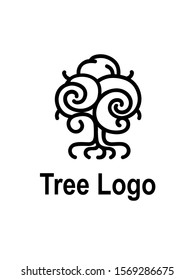 Abstract family tree icon vector black logo design isolated on white background.Eco garden concept.Luxury tree of life with roots outlined line art contour illustration for your company.Organic food.