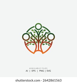 Abstract Family Tree Logo, Modern Interconnected Tree Icon with Human like Figures, Circular Tree of Life Logo Symbolizing Unity and Development