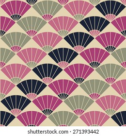 Abstract fan backdrop. Based on Traditional Japanese Embroidery. Colorful Seamless pattern. Based on Sashiko stitching - uchiwa.