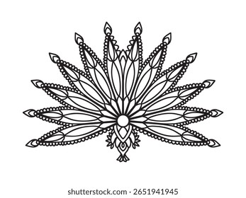 Ventilador abstrato decorado com joias e joias. Página de coloração abstrata do pavão. Lotus abstrato. Desenhado à mão, retro, rabiscar, livro de colorir asiático, cartaz, design de cartão. Plano de fundo isolado da ilustração vetorial 