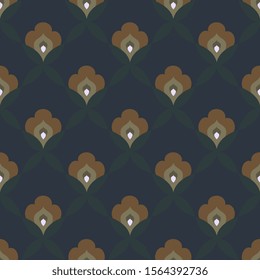 Abstract fan shapes geometrical floral motif vintage pattern continuous background. Modern colorful fabric design textile swatch ladies dress all over print block.