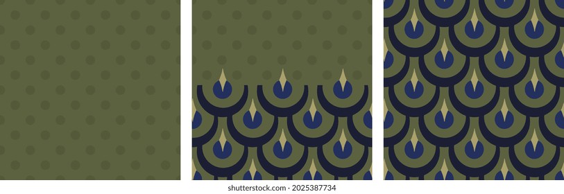 Abstract fan shapes geometrical motif vintage pattern continuous background. Modern geo lux colorful fabric design textile swatch ladies dress all over print block.
