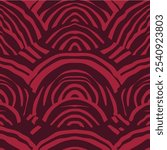 Abstract fan stripe pattern. Crimson and red fan shaped seamless patterns. Geometric pattern and asymmetry. Hand drawn illustration for fashion and surfaces.