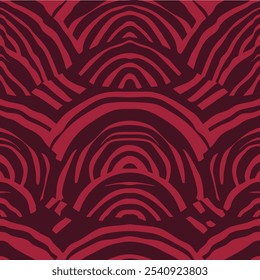 Abstract fan stripe pattern. Crimson and red fan shaped seamless patterns. Geometric pattern and asymmetry. Hand drawn illustration for fashion and surfaces.