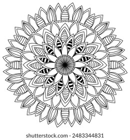 Abstract fanciful flower shaped mandala creative coloring page with striped petals for activity vector illustration