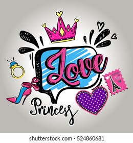 Abstract fancy wallpaper with bright elements of design Eiffel Tower on letter stamp, girlish shoes,hearts, dots, speech icon, crown, rings. Girlish Modern t shirt style. Princess love original text.