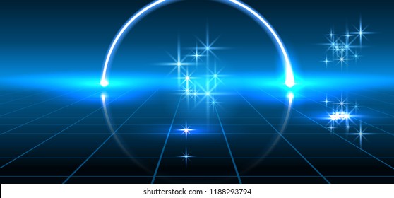 Abstract fantastic background with neon geometric circular line, sparkle stars  
and space portal into another dimension 