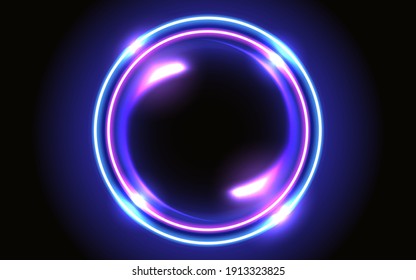 Abstract fantastic background with neon glowing round frame and shiny space portal into another dimension