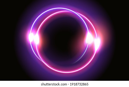 Abstract fantastic background with neon glowing round frame and shiny light space portal into another dimension. Fluorescent space border.