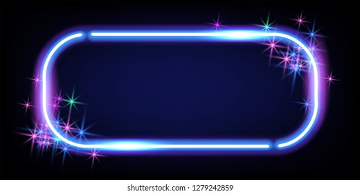 Abstract fantastic background with neon rectangular frame, sparkle stars and space portal into another dimension