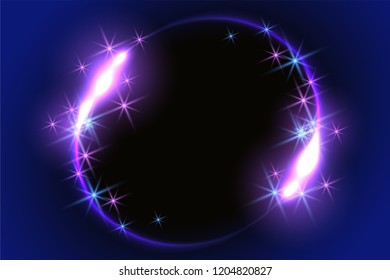 Abstract fantastic background with neon round frame, sparkle stars and space portal into another dimension