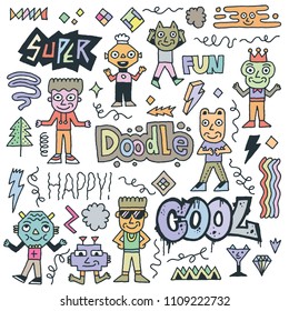 Abstract Fantastic Cool Doodle Characters Set. Color Drawing. Vector Illustration.