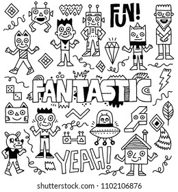 Abstract Fantastic Funny Doodle Characters Set. Black And White Drawing. Vector Illustration.