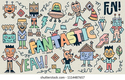 Abstract Fantastic Funny Doodle Characters Set. Color Drawing. Vector Illustration. Texture Background.