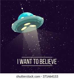 Abstract fantastic illustration - ufo with bright spotlight in dark blue sky. Vector background.