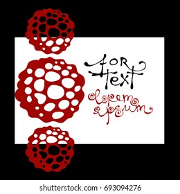 Abstract fantastic red pellucid balls and banner for your text on a white background. Hand drawn stylization of volumetric space objects, planets with craters, macro molecules for art design.