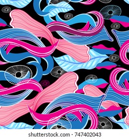 Abstract fantastic seamless pattern of different wavy elements on a black background