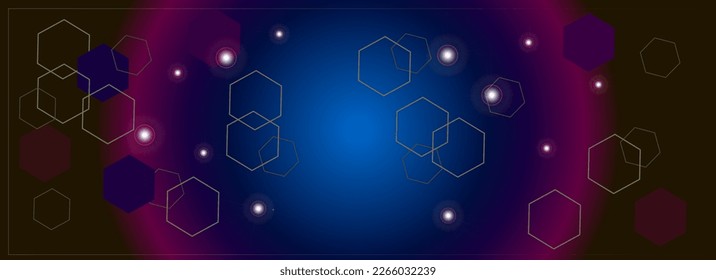 Abstract fantastic space illustration. Dark background with hexagons and stars for banner and header. Computer desktop background.