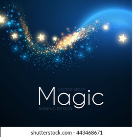 Abstract Fantastic Wave Background. Magic Design with Gold Dust and Stars. Night Sky and Wind. Party Space. Vector illustration