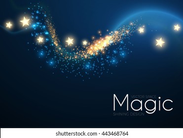 Abstract Fantastic Wave Background. Magic Design with Gold Dust and Stars. Night Sky and Wind. Party Space. Vector illustration