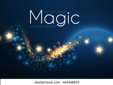 Abstract Fantastic Wave Background. Magic Design with Gold Dust and Stars. Night Sky and Wind. Party Space. Vector illustration